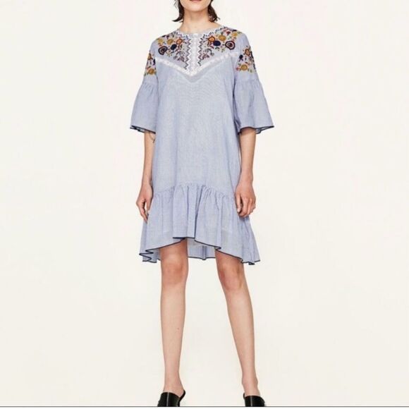 Zara Basic Collection Womens S Dress Embroidered Blue Striped Cottagecore Garden - Picture 1 of 12